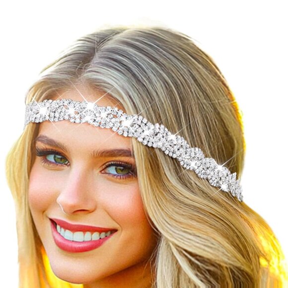 Rhinestone Homecoming Head Chain Jewelry Silver Sparkly Elastic Headband Forehea - Picture 4 of 9